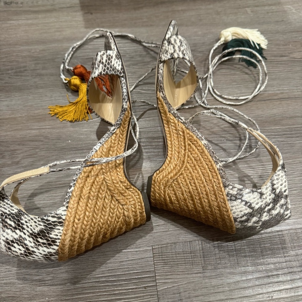 Jimmy Choo Deva 85 Roccia Snakeskin Leather Wrap Around Tassel Wedge Sandal - Picture 5 of 10